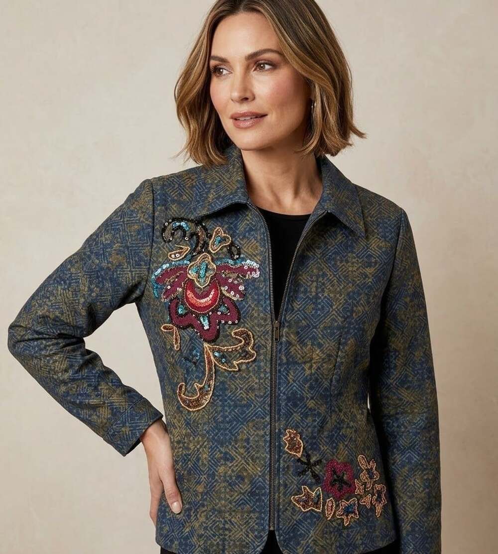 Chico's Embroidered Sequin Zip Jacket Blue Tapestry Floral Sz 0
